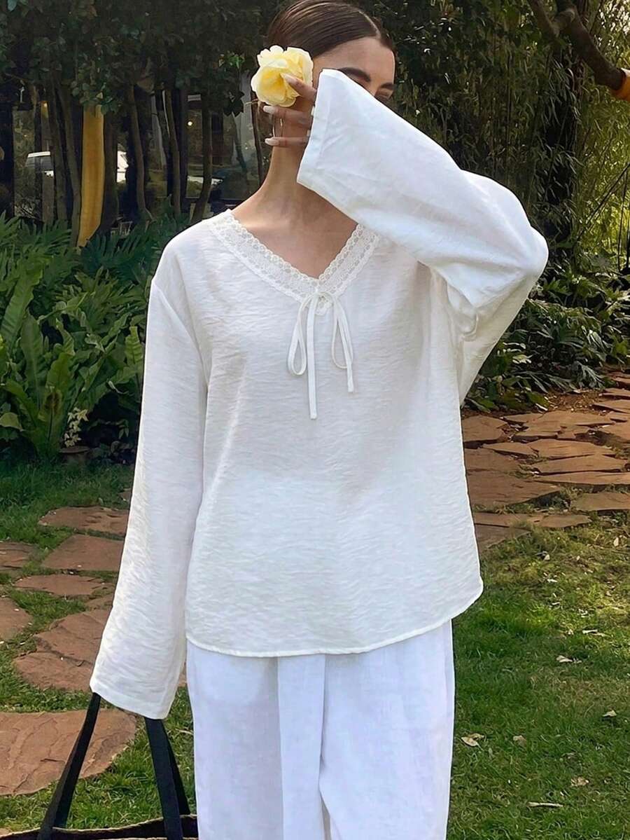DAZY 素色寬鬆長袖圓領女式襯衫 - 白色 - 查看 1