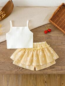 Emery Rose Kids Emery Rose Kids 少女 3D 花朵裝飾細肩帶上衣與格紋裙褲可愛套裝 - 黃色 - 查看 2