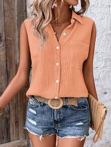 EMERY ROSE Women's Solid Color Single-Breasted Pocket Casual Sleeveless Shirt - Coral Pink - View 4