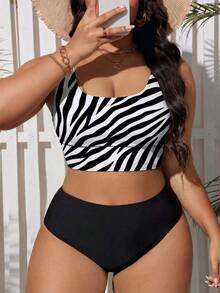 SHEIN Swim Curve 大尺碼女款夏季海灘斑馬紋休閒分體式比基尼套裝 - 黑與白 - 查看 1