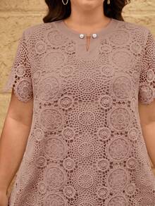Reflora Plus Size Women's Lace Short Sleeve Ruffle Hem Elegant Dress - Dusty Pink - View 7