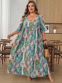 SHEIN CURVE+ 大尺碼女款腰果花紋寬鬆休閒度假洋裝 - 彩色 - 查看 4