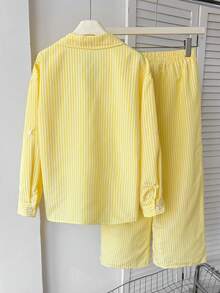 SHEIN 青少年女孩休閒街頭風梭織條紋馬標刺繡寬鬆落肩上衣與寬腿長褲套裝，適合春夏季、春季出遊、度假、休閒出遊、返校 - 黃色 - 查看 2