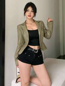 DAZY 秋季休閒街頭戶外收腰綠色PU皮革夾克西裝外套風格優雅辣妹音樂節女款外套 - 墨綠色 - 查看 6