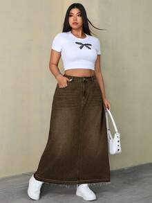 SHEIN ICON 大尺碼女款口袋鈕扣休閒百搭日常牛仔裙 - 棕色 - 查看 3