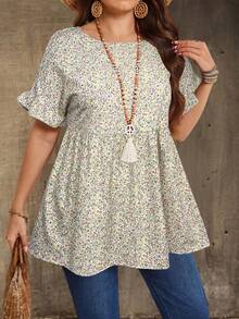 EMERY ROSE Plus Size Floral Print Round Neck Ruffle Hem Casual Boho Short Sleeve Shirt, Summer Vacation Beige - Yellow - View 6