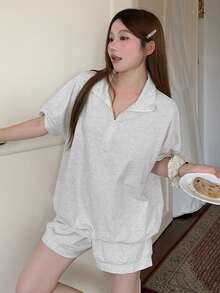 DAZY Summer Old Money Sporty Style Minimalist Casual Knit Women's Loungewear Set Pajamas - Grey - View 7