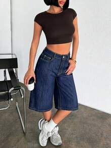 EURMUSE Raw Washed, High Rise, Baggy V Shape Denim Short Jeans Y2k - Dark Wash - View 5
