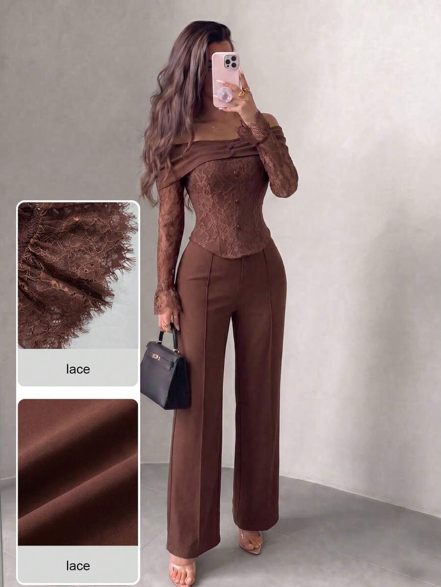 Modelyn French Style Off-Shoulder Square Neck Lace Patchwork Asymmetrical Long Sleeve Cropped Top & Wide Leg Trousers Women's High-End Elegant Slimming Suit Set - Brown - View 1