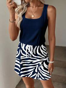 SHEIN LUNE Gaun Pendek Kasual Wanita Bermotif, Cocok untuk Liburan Musim Semi dan Musim Panas, Warna Biru Tua dan Putih - Navy Blue - View 6