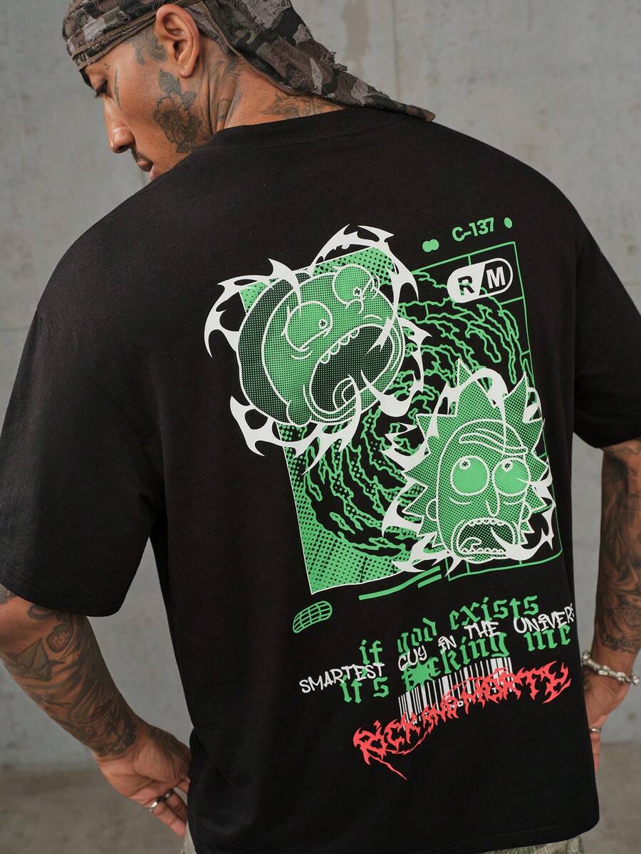 Rick and Morty X SHEIN Kaos Pria Lengan Pendek Leher Bulat Kasual Serbaguna - Hitam - View 1