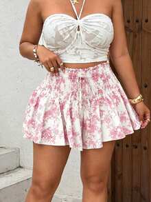 Sunnyshic Plus Size French Vintage Print Shorts, Shirred, Lace-Up, Ruffle, Elastic Waist Concealing Shorts, Blue Porcelain White Ruched Ruffle Mini Pants, High Waist Patchwork Shirred Pants, Suitable For Summer Vacation And Beach Trips, Travel Photography, Dates - Multicolor - View 7