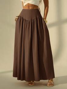 SHEIN Tall Women's Pleated Solid Color Long Skirt, Tall Women - Brown - View 3