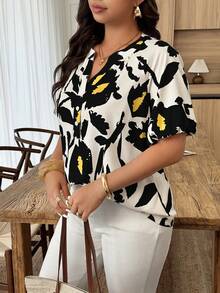 Weeklong Plus Size Women's Spring/Summer Notched Neck Elastic Cuff Botanical Print Casual Vacation Shirt - Multicolor - View 5