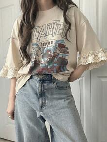 FRIFUL Women's Casual Loose Fit Letter Print Lace Patchwork Short Sleeve T-Shirt, Breathable Cotton Blend, Versatile For Spring/Summer - Apricot - View 7