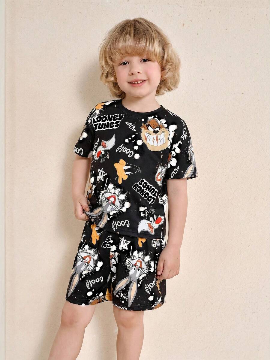 LOONEY TUNES X SHEIN 2件組 小男孩休閒可愛卡通印花圓領短袖T恤與短褲套裝,夏季 - 黑色 - 查看 1
