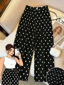 SHEIN Clasi Plus Size Women's Heart Print Pleated Straight Leg Pants - Black - View 1