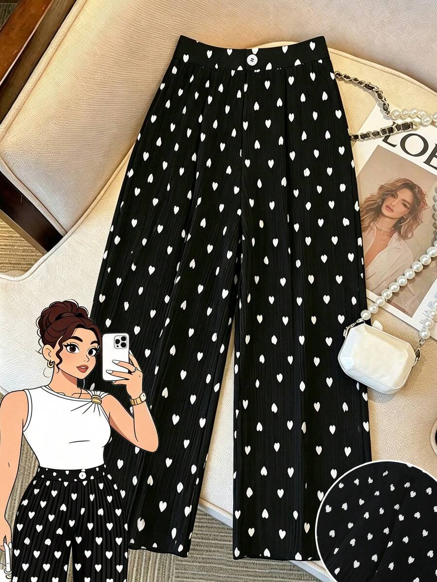 SHEIN Clasi Plus Size Women's Heart Print Pleated Straight Leg Pants - Black - View 1