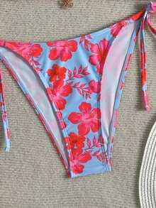 Swim Mod 新款藍白皺紋條紋細肩帶掛脖側綁帶高衩丁字褲比基尼套裝 2件組 女款海灘度假泳衣 - 彩色 - 查看 6
