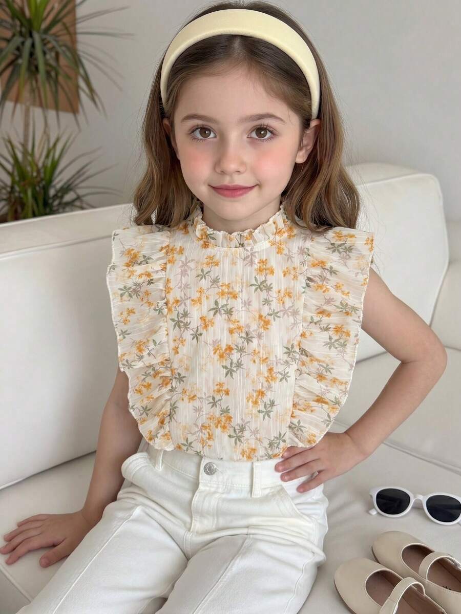SHEIN Elladie kids 女童夏季新款荷葉領前側荷葉抽褶設計，簡約百搭田園風優雅藍色襯衫，法式復古碎花荷葉無袖上衣，甜美優雅碎花兒童上衣