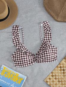 Swim Basics 新款歐美女款性感老錢風可愛時尚極簡純色荷葉邊抓褶深V露背綁帶上衣，海灘泳池派對棕色條紋 - 棕色 - 查看 8