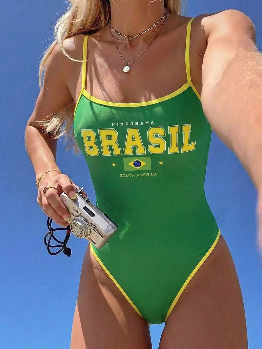 Swim Mod 2026春夏新款歐美風一件式性感三角比基尼泳衣套裝 女款女孩甜美辣妹版 高衩三點式 巴西印花撞色黃色細邊 小胸托高 雙肩帶 顯瘦泳裝 適合溫泉海邊度假生日派對 - 彩色 - 查看 1