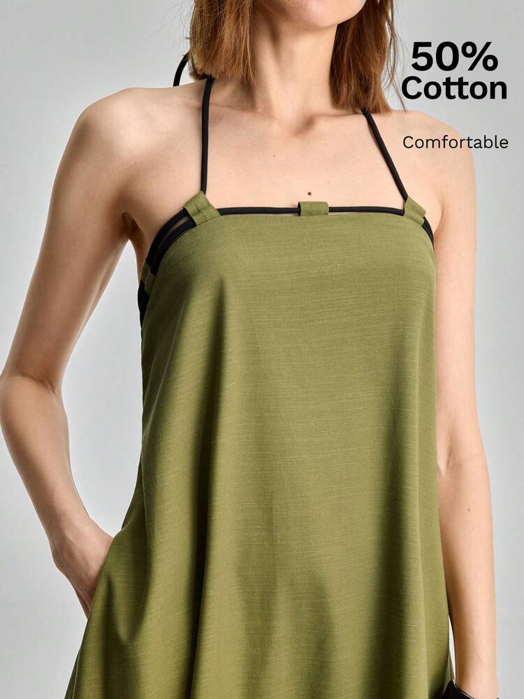 Women's Olive Green Summer Casual Vacation Dress,Halter Backless Solid Oblique Pocket Modern Urban Fashion Old-Money Style Elegant Commuter Vacation