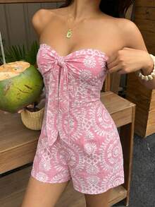 Mono de playa para mujer estilo vacaciones primavera/verano, bandeau, cintura ceñida, fruncido, estampado, nudo cruzado, pernera ancha, pantalones cortos - Rosa - Ver 5