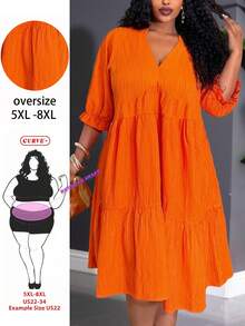 SHEIN CURVE+ 大尺碼女款素色缺口V領百褶休閒派對洋裝 - 橘色 - 查看 1
