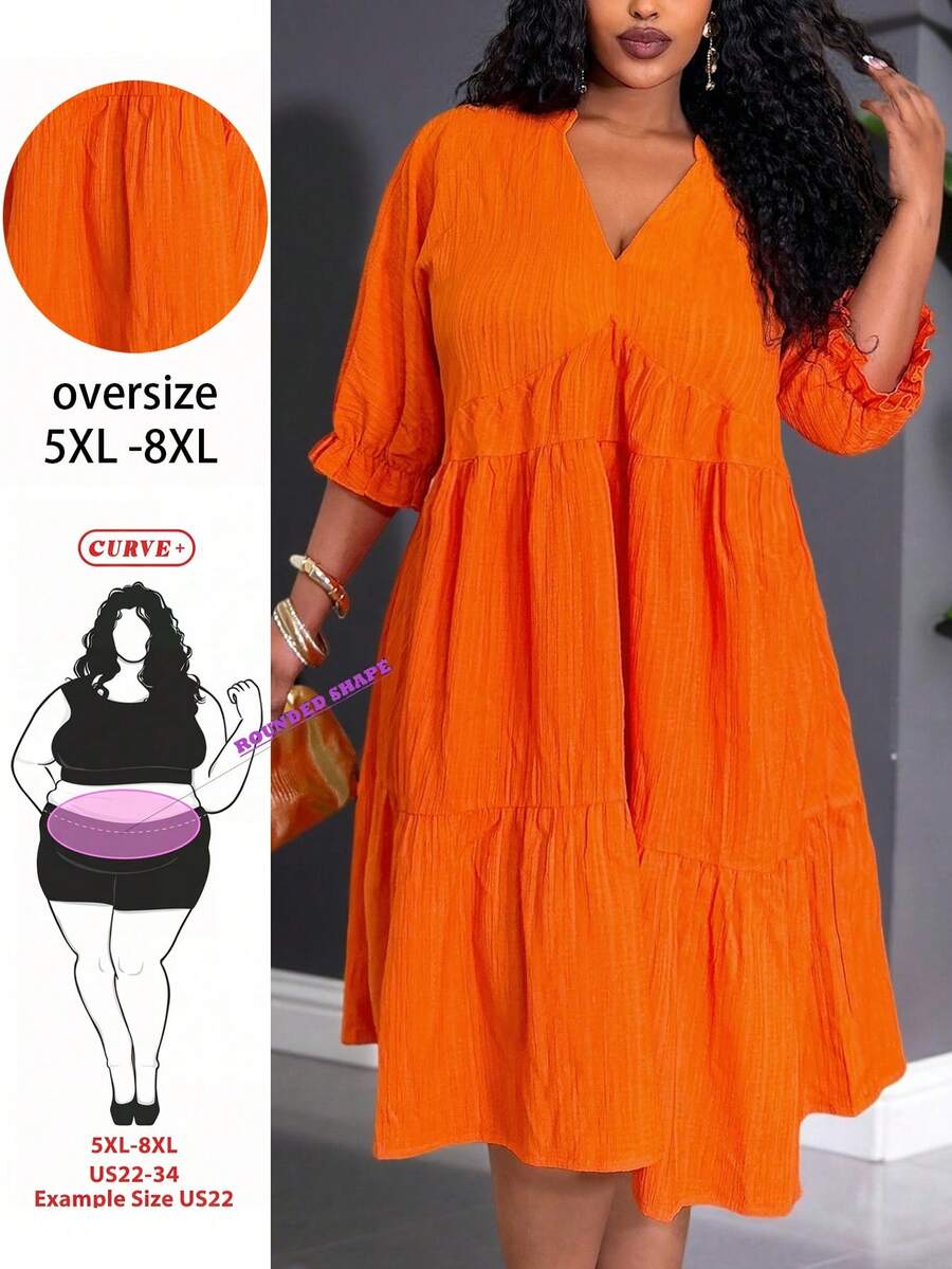 SHEIN CURVE+ 大尺碼女款素色缺口V領百褶休閒派對洋裝 - 橘色 - 查看 1