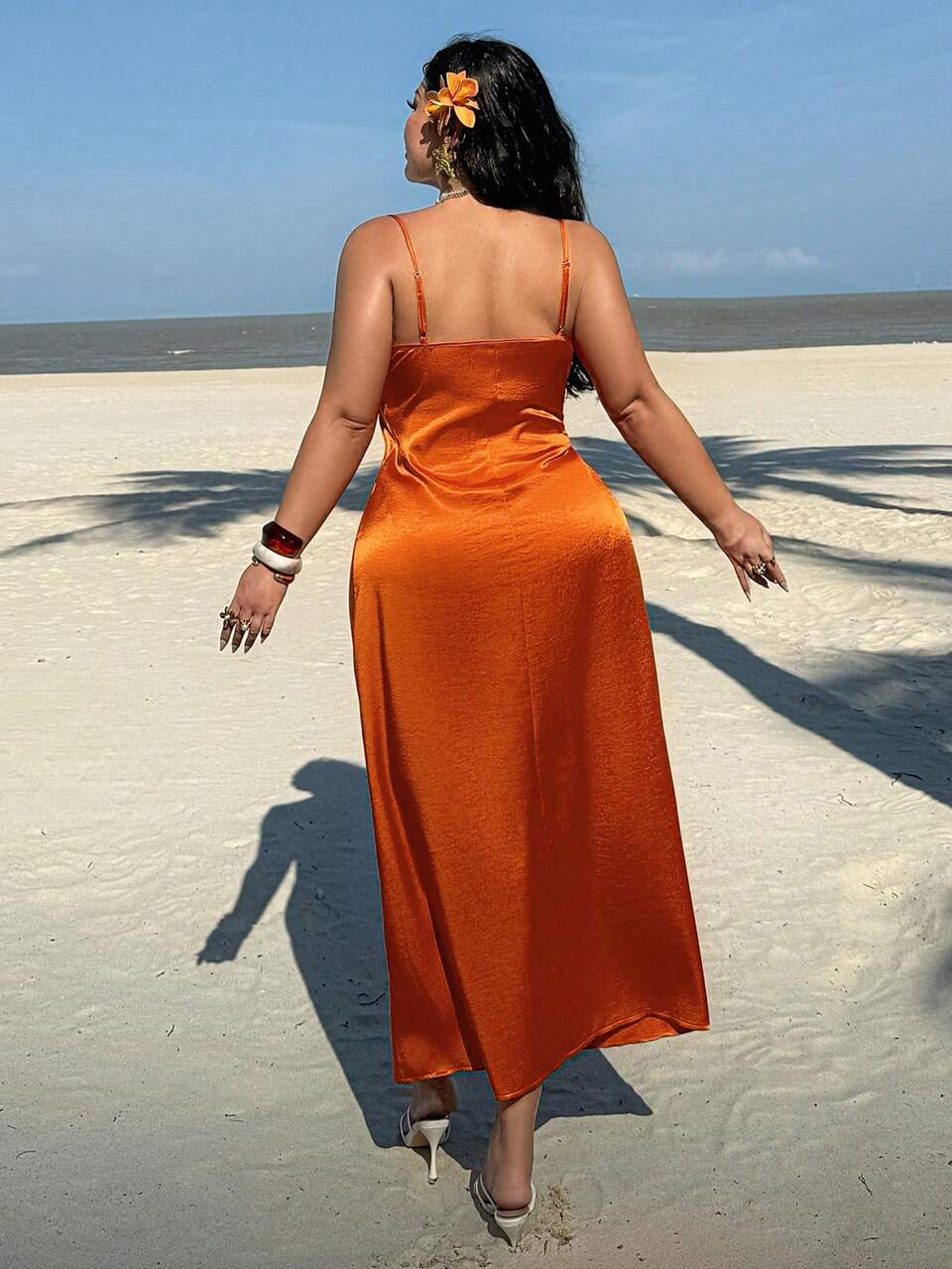 Dazy Plus Satin Fabric Bright Orange Lace Patchwork Deep V-Neck Banquet Spaghetti Strap Sleeveless Sexy Long Dress Plus Size Women's Spring/Summer Dress