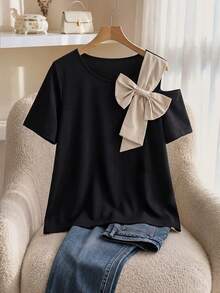 CosyJoli Women's Plus Size Bow One Shoulder Apricot Plus Size Black Shirt Fashion Casual Plus Size T-Shirt Casual Summer Daily Going Out T-Shirt For Women - Black - View 2
