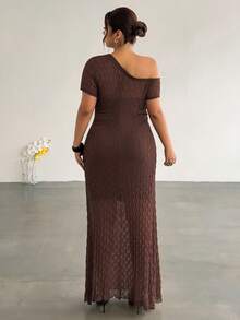 Firerie Plus Size Summer Elegant Solid Color Asymmetric Neckline Dress - Coffee Brown - View 2