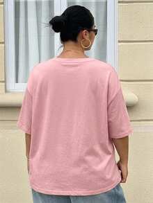 Dazy Plus 女款寬鬆大尺碼棕色短袖休閒T恤，圓領字母印花圖案，春夏季 - 藕粉色 - 查看 4