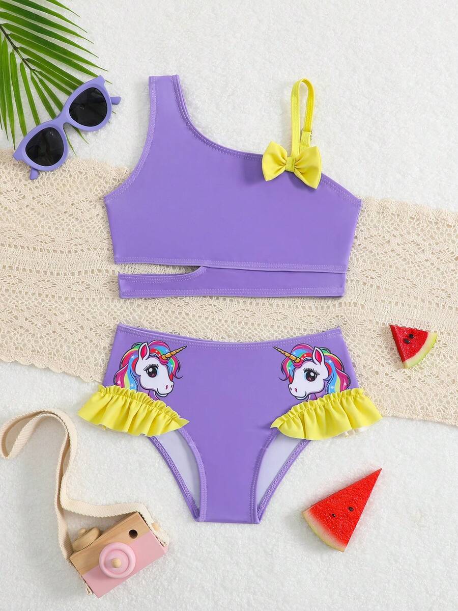 SHEIN Young Girl Beach Vacation Unicorn Print Bow Decor Swimsuit Set
