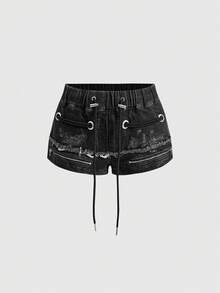 ROMWE Grunge Punk 女款黑色水洗牛仔短褲，金屬拉鍊、繫帶孔眼設計，龐克街頭風辣妹款，適合春夏 - 黑色 - 查看 1