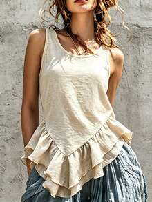 SHEIN Fiorisel Women's Solid Color Pleated Casual Boho Versatile Daily Wear Top Vacation Holiday Beige Summer - Apricot - View 3