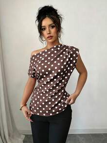 SHEIN Elenzya 圓點不對稱肩無袖女款上衣，優雅通勤襯衫 - 棕色 - 查看 3
