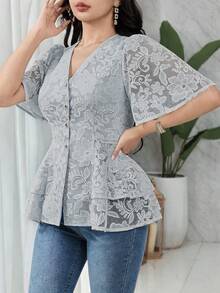 Feyla Women's Elegant Solid Color Lace Blouse, Summer - Blue - View 4