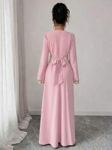 Rafferiza 女款素色淺灰綠V領收腰長袖A字蕾絲飾邊收腰長袍，女款長款土耳其式阿巴雅長袍，阿拉伯長袍秋季女裝 - 粉色 - 查看 2