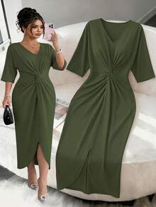 Elenzga Gaun Bodycon Leher V Ukuran Besar dengan Pinggang Ramping - Hijau Tentara - View 8