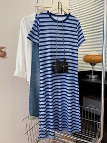 Resyla Vestido de punto elástico de punto de costilla a rayas azules - Azul - Ver 3