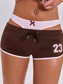 ACID BLVD Spring/Summer Y2K Sporty Girl Streetwear Patchwork Waistband Mini Contrast Color Shorts - Brown - View 7