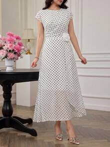 Modelyn 女款白色與黑色波點百褶3D花朵裝飾優雅70年代復古高級長洋裝，適合舞會、晚宴、派對與度假，夏季穿著 - 白色 - 查看 5