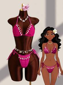 Swim Mod Conjunto de biquíni feminino para primavera, verão e outono, casual elegante para praia, férias, beira-mar e águas termais, moda nova, sexy e romântico, com decote halter, costas nuas, tecido de malha jacquard, com missangas, concha e laço, texturizado - Roxa - Ver 2