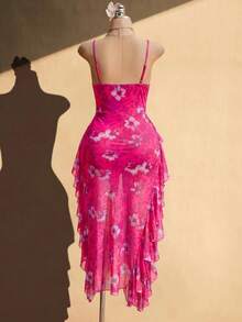 SHEIN ICON Plus Size Black V-Neck Ruffle Trim Front Short Back Long Cami Dress, Y2K Sexy Ruffle Cami Dress - Hot Pink - View 10