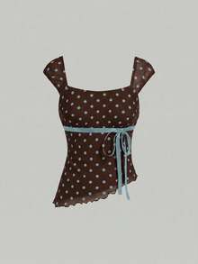 SHEIN MOD Polka Dot Print Bow Asymmetric Ruched Mesh Top - Multicolor - View 2