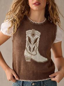 WESTFADE Cowboy Boot Contrast Stitch Sweater Vest Top, Country Style For Women - Coffee Brown - View 3