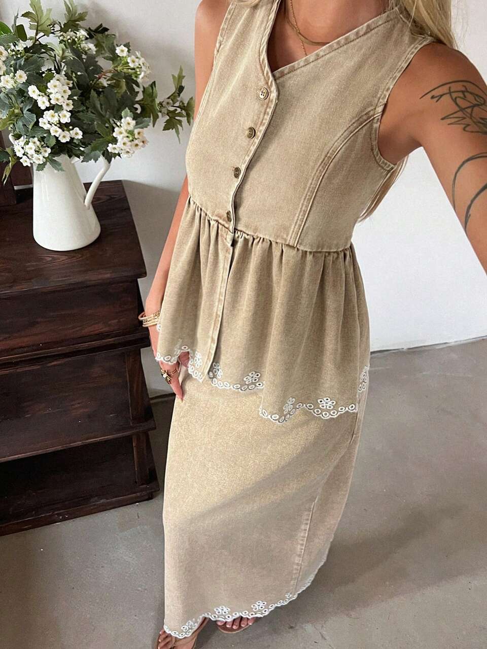 Women's Summer Casual Bohemian Style Washed Hollow Embroidery Button Front Ruffle Trim Denim Vest And Denim Mini Skirt Set, Vacation Khaki Color