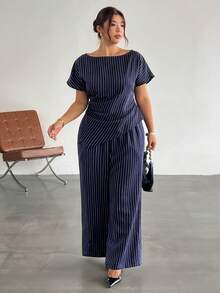 Firerie Plus Size Women's Striped Top And Long Pants Casual Everyday Set Fall/Winter - Navy Blue - View 8